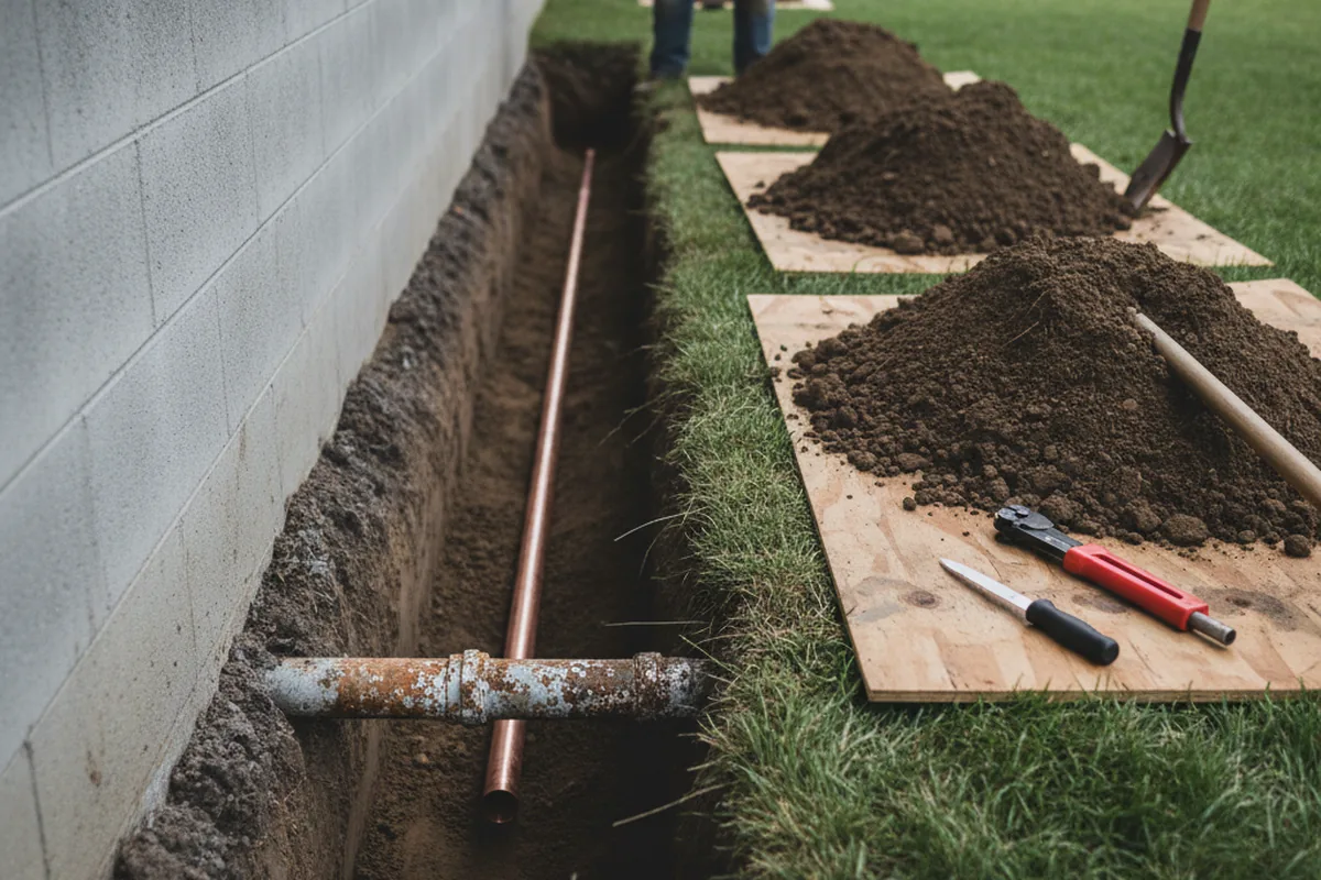 Excavated water line trench during Water Softener Installation in Stockholm
